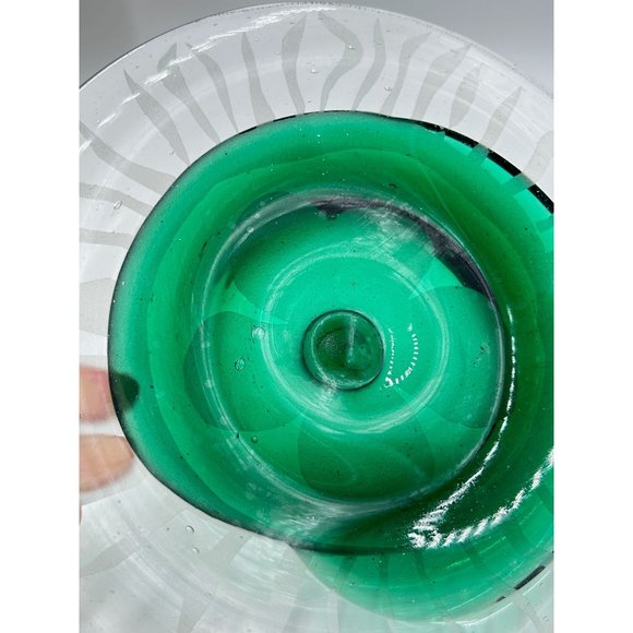 Green Art Glass Decorative Plate Dish Hand Made & Etched Clear Green Swirled - Picture 6 of 10